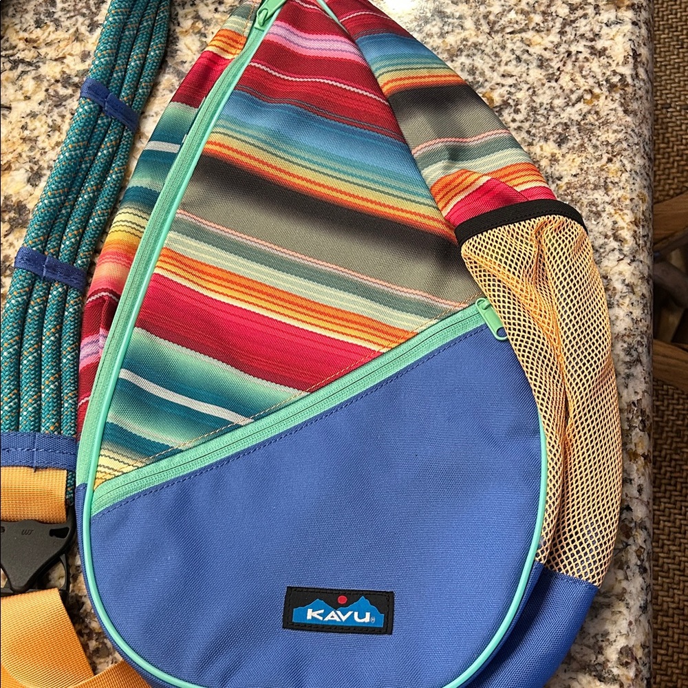 Kavu Multicolor Striped Sling Bag with Blue Front Pocket